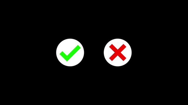 Animated pop-up green check mark and red cross X symbol on a black background. Video footage of yes or no, true or false