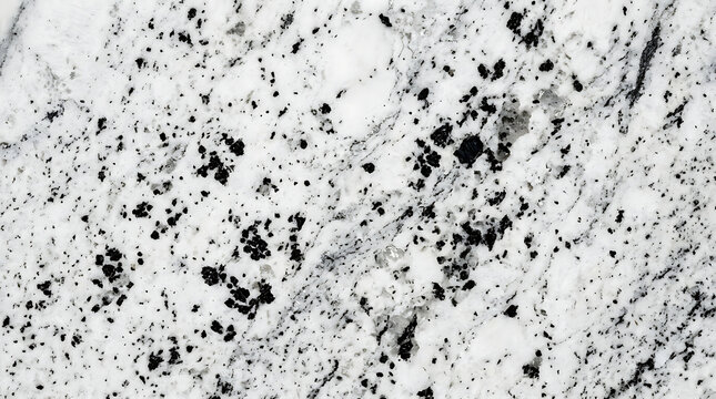 Snow white granite stone texture. Natural marble slab surface with black mineral spots.