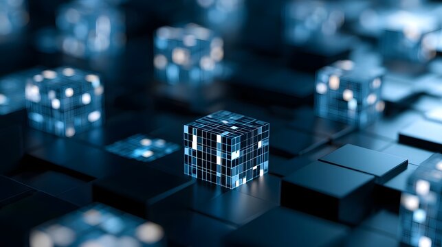 Futuristic digital cubes arranged on a dark surface with glowing blue grid patterns and soft bokeh lighting effects