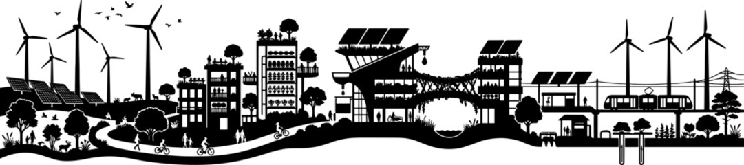 Obraz premium Silhouette of a highly advanced eco-city featuring wind turbines solar panels and green bridges