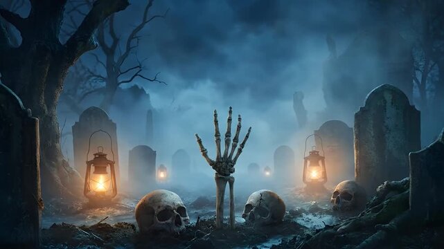 Skeleton Hand Reaching From Grave in Foggy Cemetery at Night