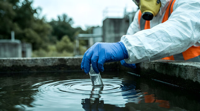 environmental scientist collecting water samples | hazardous material testing at plant | industrial water quality monitoring | researcher in hazmat suit sampling