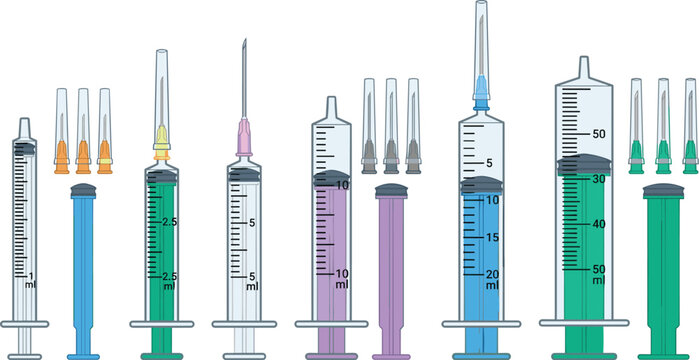 Medical syringe vector illustration set featuring different sizes from one milliliter to fifty milliliters with sharp needles and colorful plungers