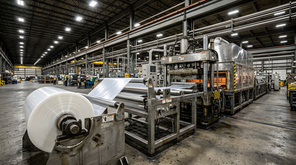 Industrial thermoforming machine assembly line   Plastic sheet manufacturing process factory   Automated plastic packaging production facility   Large scale industrial plastic extrusion plant © Mahmuda