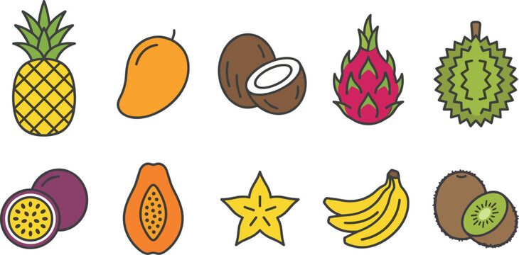 Tropical fruit flat vector illustration icon set featuring pineapple mango coconut dragonfruit durian passionfruit papaya starfruit banana and kiwi