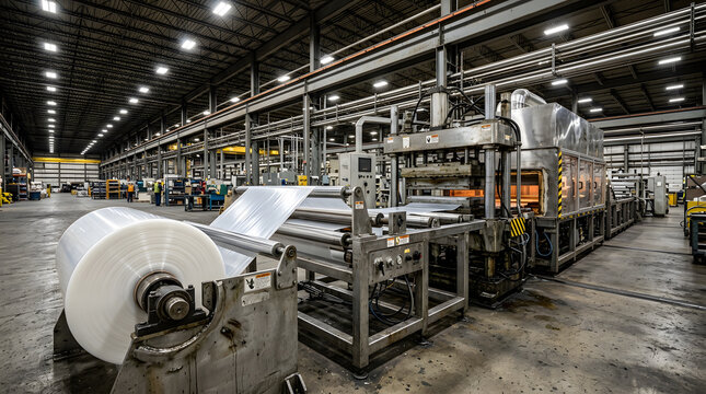Industrial thermoforming machine assembly line | Plastic sheet manufacturing process factory | Automated plastic packaging production facility | Large scale industrial plastic extrusion plant