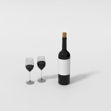 3D rendering of realistic wine bottle mockup with a glass half filled with wine, Multple angles of glass winw bottle mockup placed on white backgorund