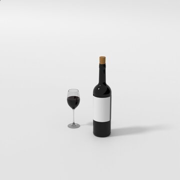 3D rendering of realistic wine bottle mockup with a glass half filled with wine, Multple angles of glass winw bottle mockup placed on white backgorund
