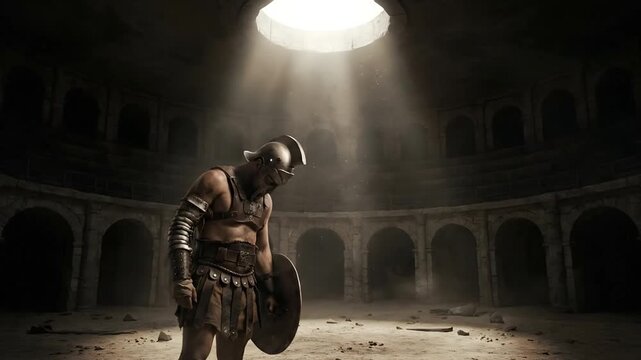 Ancient Roman Gladiator Standing Alone Inside A Darkened Stone Arena