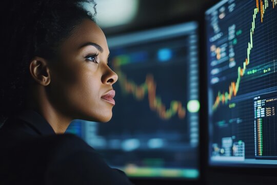 Female finance professional monitoring stock market data analytics