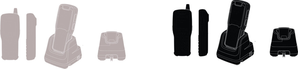 Set of detailed vector silhouettes and outlines of rugged handheld mobile computers and charging docks © MstLata