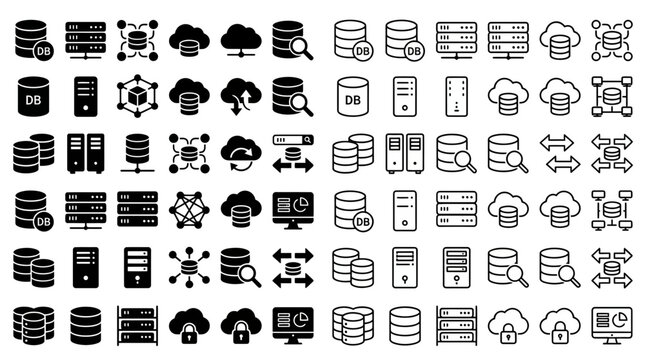 Set of database and cloud server technology icon vectors in solid glyph and line style, perfect for data storage presentation, software interface design and web development