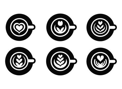 Collection of six stylized black and white coffee cups with latte art designs isolated on transparent background