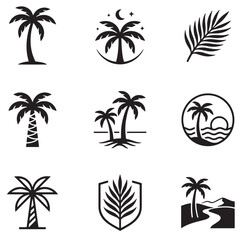 Fototapeta premium Palm Tree Icon Set with Moon Stars and Shield Emblem—Ideal for Tropical Summer and Beach Branding Design