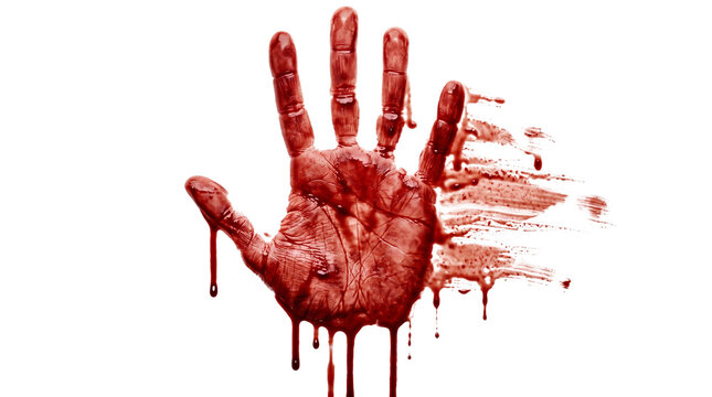 Bloody handprint with dripping red liquid, symbolizing violence, crime, or horror for spooky Halloween or gothic themes.