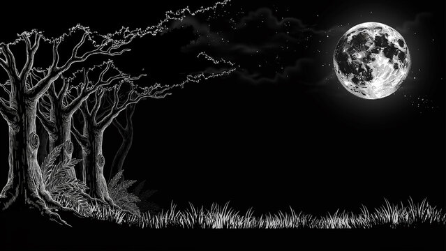 Spooky Halloween night with bare trees and full moon vector illustration