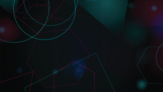 Dark abstract background with intersecting circular lines and colorful bokeh