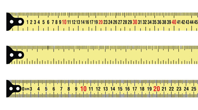 Three yellow measuring tapes with black markings and numbers display different scales for precise measurement