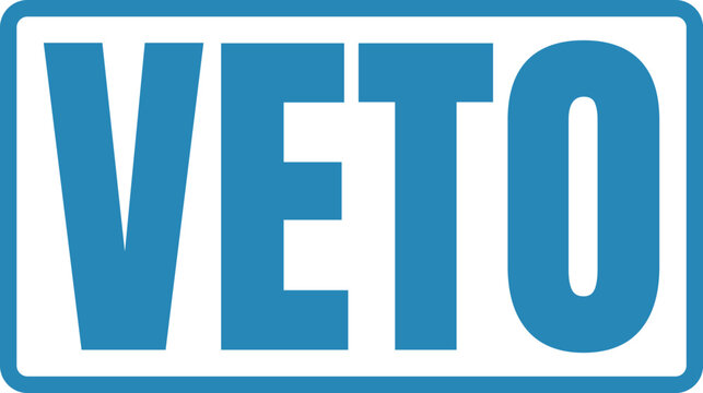Blue rectangular rubber stamp icon with bold capital letters spelling the word veto for official denial