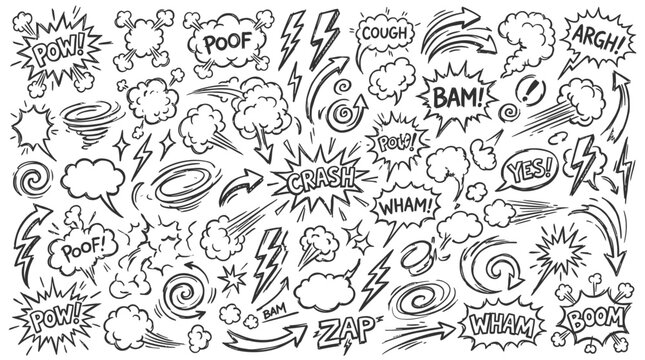 Hand drawn comic book speech bubbles, explosion bursts, lightning bolts and sound effect elements set, perfect for pop art illustration, graphic design and comic book creation