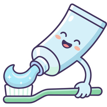 Cute Cartoon Toothpaste Tube Squeezing Minty Fresh Paste onto a Toothbrush for Daily Dental Hygiene and Oral Care Routine