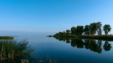 Obraz premium Calm lake mirrors clear blue sky and tree lined shore under bright sunlight creating serene natural scenery