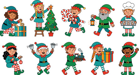 Fototapeta premium Cute Christmas Elf Character Vector Set with Festive Poses Decorating Tree Wrapping Gifts Baking Cookies and Ringing Holiday Bells for Graphic Designs