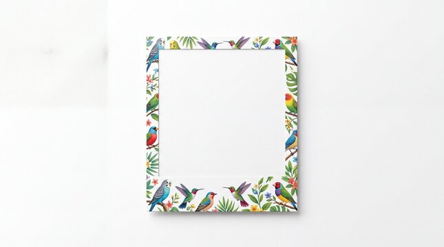 Watercolor frame with colorful birds and tropical flowers
