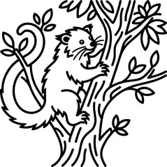 Black and white line art illustration of a cute lemur climbing a tree. © Eka