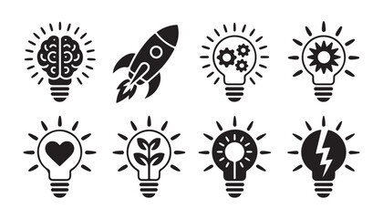 Set of light bulb icons with various elements like rocket brain heart and leaf for creative solutions. © Moni