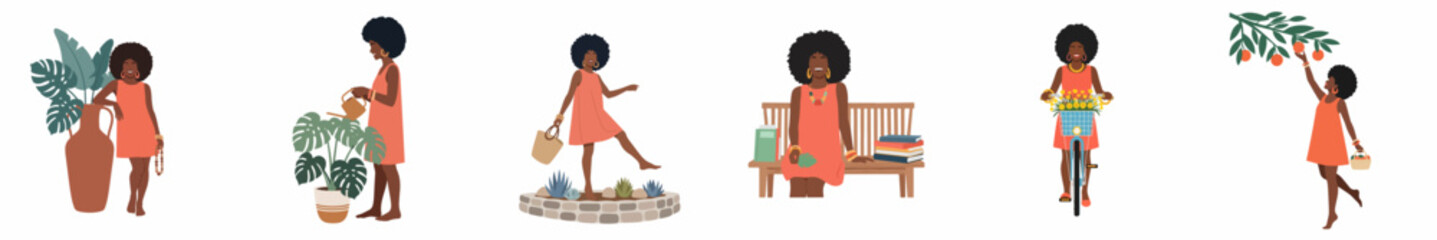 Flat vector illustration set featuring a Black woman with an afro hairstyle engaging in various activities such as gardening, reading, biking, and fruit picking.