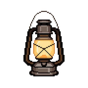 Vintage style pixel art oil lantern with warm glowing light isolated on white background for retro games