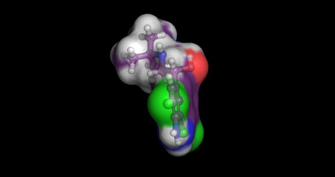 Clenbuterol, selective beta-2 adrenergic receptor agonist and bronchodilator, 3D molecule spinning, 4K
