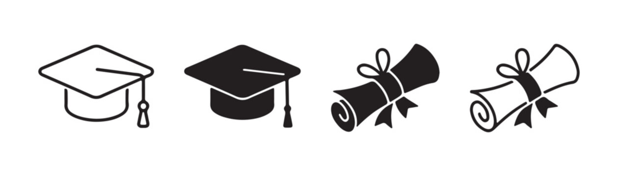 Collection of black graduation caps and scrolls icons isolated on grey background.