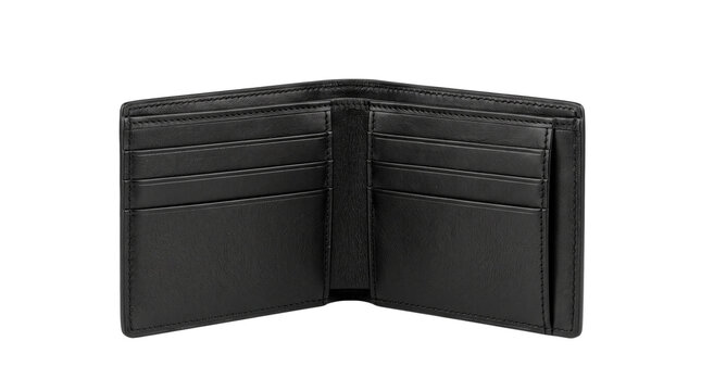 Open black leather wallet with card slots and compartments empty for money cash cards currency finance business personal savings investment wealth.