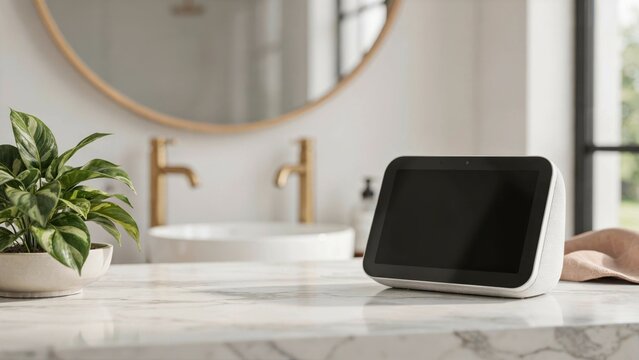 Smart display device on a marble bathroom countertop with a plant and mirror