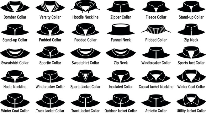Jacket collar neckline vector icon set with fashion clothing technical sketches bomber hoodie and sportswear silhouettes