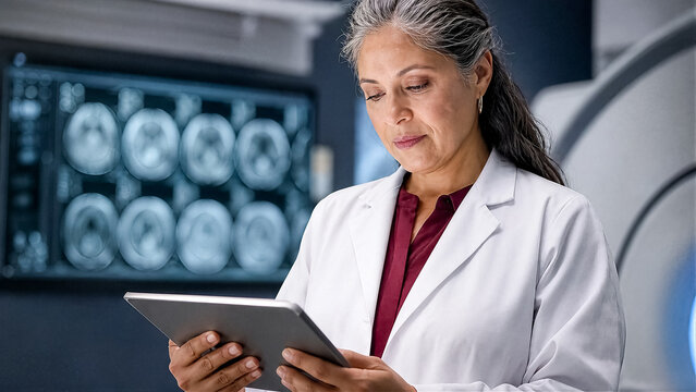 Physician reviewing AI diagnostic results on tablet in hospital