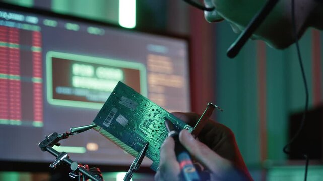 A technician wearing headphones with a microphone performs delicate component removal on a microchip near multiple computer displays.
