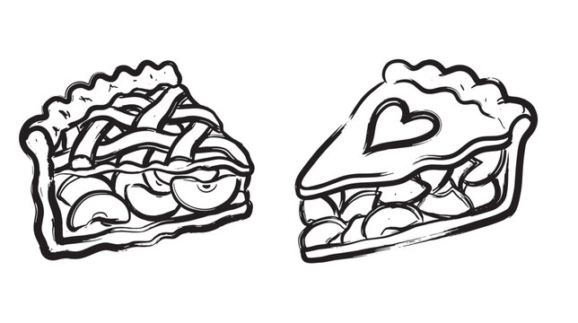 Brush stroke doodle style two hand drawn slices of fruit pie with thick black outlines on a white background, one with lattice crust and one with a heart