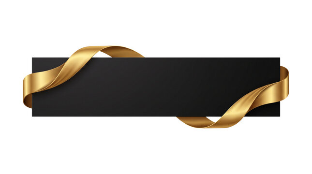Black rectangular banner with elegant gold silk ribbon wrap for luxury greeting card design element isolated on transparent background premium invitation border.