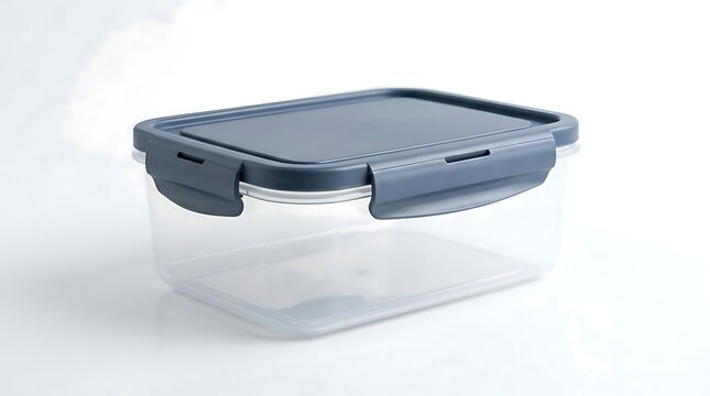 Clear plastic food storage container with airtight blue lid on white surface for kitchen pantry usage.