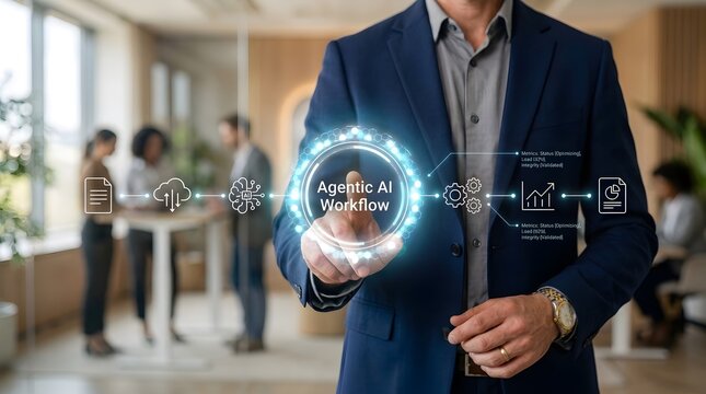 Businessman using futuristic interface to activate agentic AI workflow in a modern office