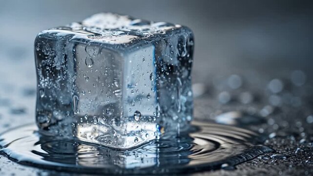 Melting ice cube with water droplets on dark textured surface