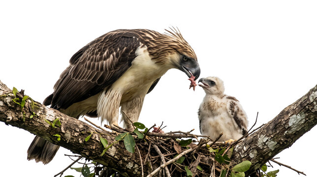 Philippine Eagle parent feeding young chick on nest branch, authentic wildlife behavior, isolated white background