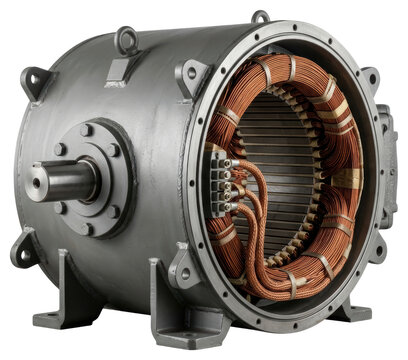 Industrial electric motor with visible copper windings on a transparent backdrop