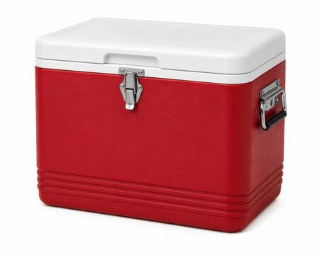 Classic red cooler box for outdoor picnics and camping trips. Portable insulated ice chest keeping food and drinks fresh during adventures.
