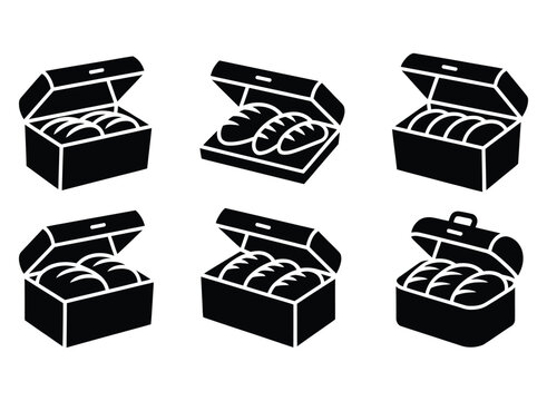 Set of six black and white icons featuring bread loaves and rolls in open boxes for bakery or food service
