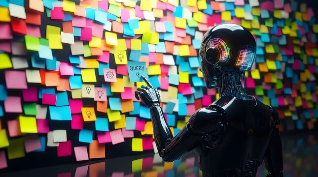Black robot pointing at sticky notes on a wall representing artificial intelligence sorting data and ideas