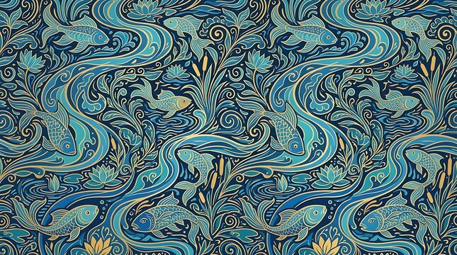 Ornate seamless pattern with stylized fish and flowing blue waves